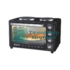 Мини-печь Sakura SA-7001HBK 35л, 3200Вт, духовка 1600Вт, конфорки 185мм+155мм (1000Вт+600Вт), механ.управление, 3 режима работы духовки (верх, низ, верх+низ), раздельная регулировка температуры духовки и конфорок, комплектация - металлическая решетка, противень и ухват. чёрны