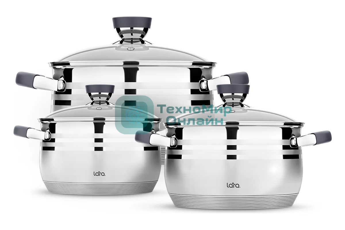 Набор посуды Lara LR02-121 Mercury 2.1 л, 2.9 л, 4.9 л, 16/18/22 см, нержавеющая сталь AISI 201