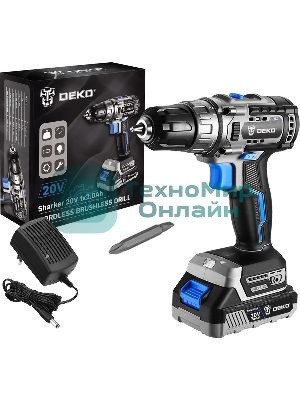 Дрель-шуруповерт Deko Sharker, 20 В, 3 Ач, 55 Нм, бесщеточный