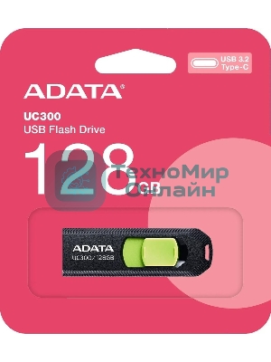 Флешка USB ADATA UC300 (ACHO-UC300-128G-RBK/GN), 128Gb, Type-C USB 3.2, R/W 100/30, черный/зеленый