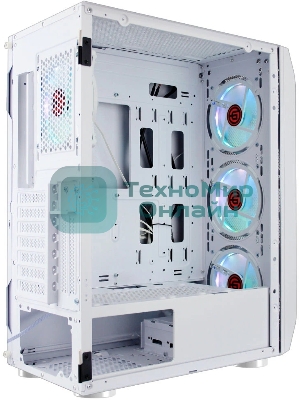Компьютерный корпус Ginzzu GL 390 боковая дверца закаленное стекло на петлях на магнитах, controller CRC10, 4* 12R6W FAN 12CM RGb белый