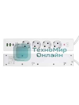 Сетевой фильтр Cablexpert Exnovo EXN-4-CU2-W-2, 4 р, 16А, 1xType-C PD, 30Вт, 2хUSB, 2 м, ур.защиты 4+, белый, коробка