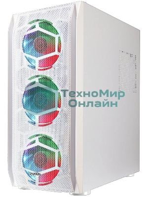 Компьютерный корпус Ginzzu GL 390 боковая дверца закаленное стекло на петлях на магнитах, controller CRC10, 4* 12R6W FAN 12CM RGb белый