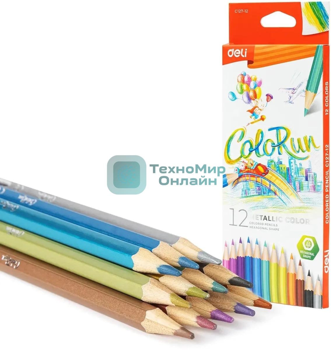 Карандаши цветные Deli EC127-12 ColoRun, шестигранный профиль, дерево 12 цветов, коробка с европодвесом (12шт)