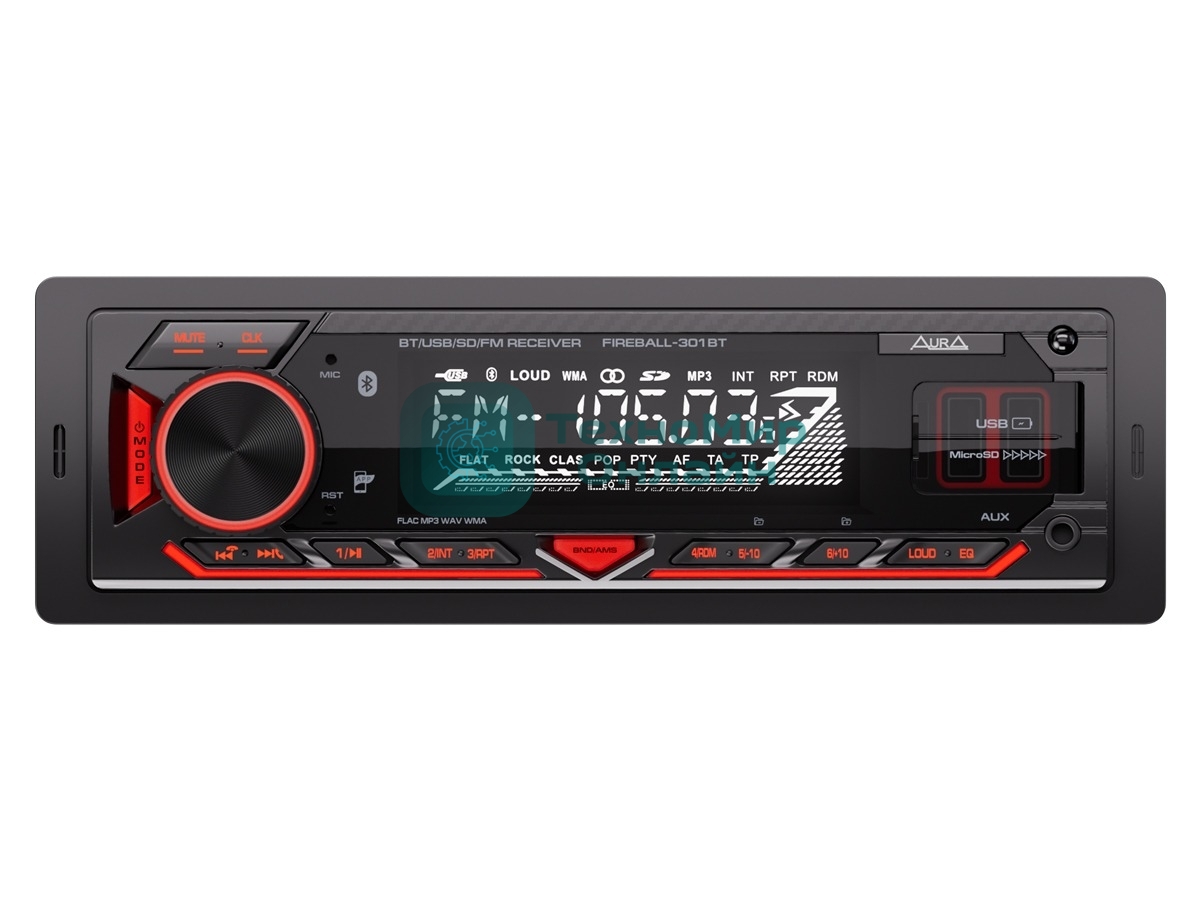 Автомагнитола AURA FIREBALL-301BT, 1 DIN, Bluetooth, USB Type-A, AUX