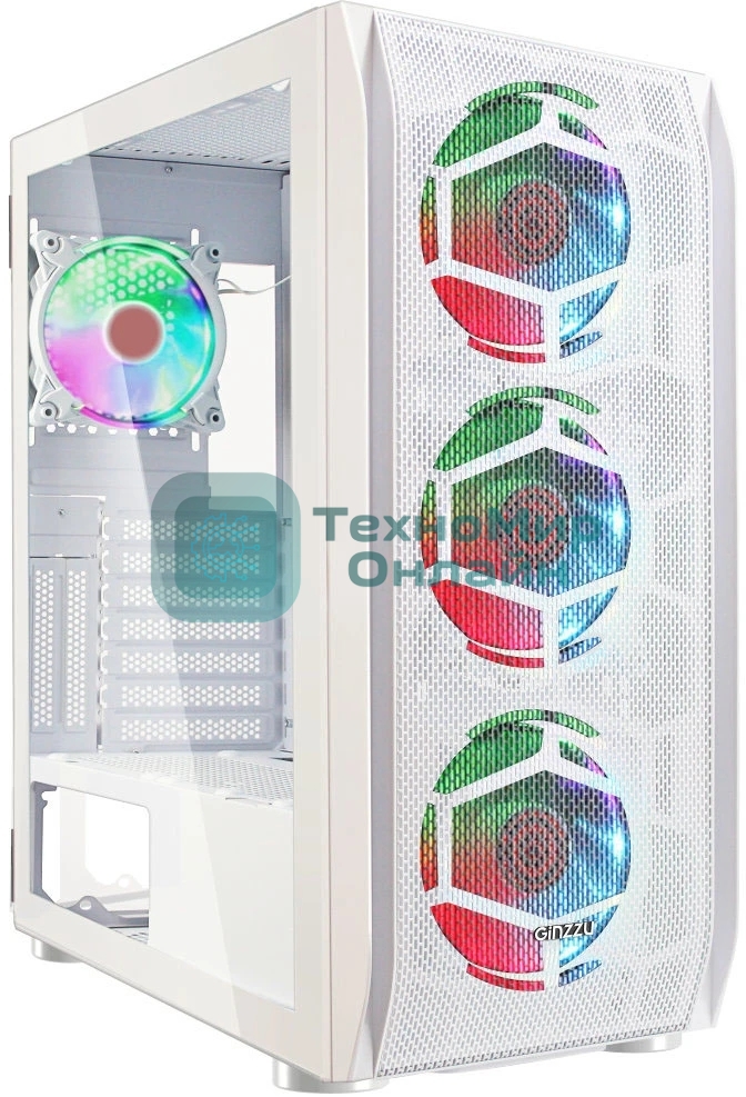 Компьютерный корпус Ginzzu GL 390 боковая дверца закаленное стекло на петлях на магнитах, controller CRC10, 4* 12R6W FAN 12CM RGb белый