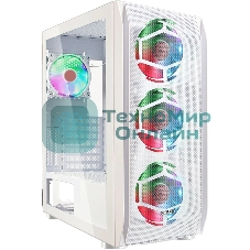 Компьютерный корпус Ginzzu GL 390 боковая дверца закаленное стекло на петлях на магнитах, controller CRC10, 4* 12R6W FAN 12CM RGb белый