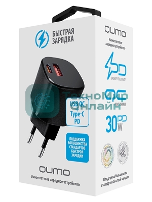 Сетевое зарядное устройство Qumo Energy GaN Mini PD 30W (Charger 0072), два порта: Type-C PD + USB-A QC3.0, черный