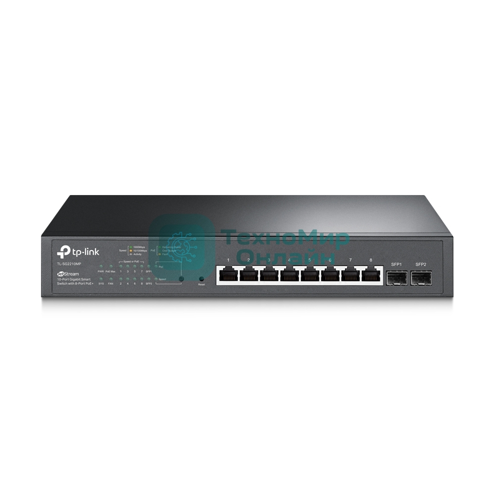 Коммутатор TP-Link JetStream 10-Port Gigabit Smart Switch with 8-Port PoE+, 8× Gigabit PoE+ Ports, 2× Gigabit SFP Slots, 802.3at/af, 150 W PoE Power, 1U 13-inch Rack-mountable Steel CaseIntegration with Omada SDN Controller, 802.1Q VLAN, STP/RSTP/MSTP, IGMP Snoopi