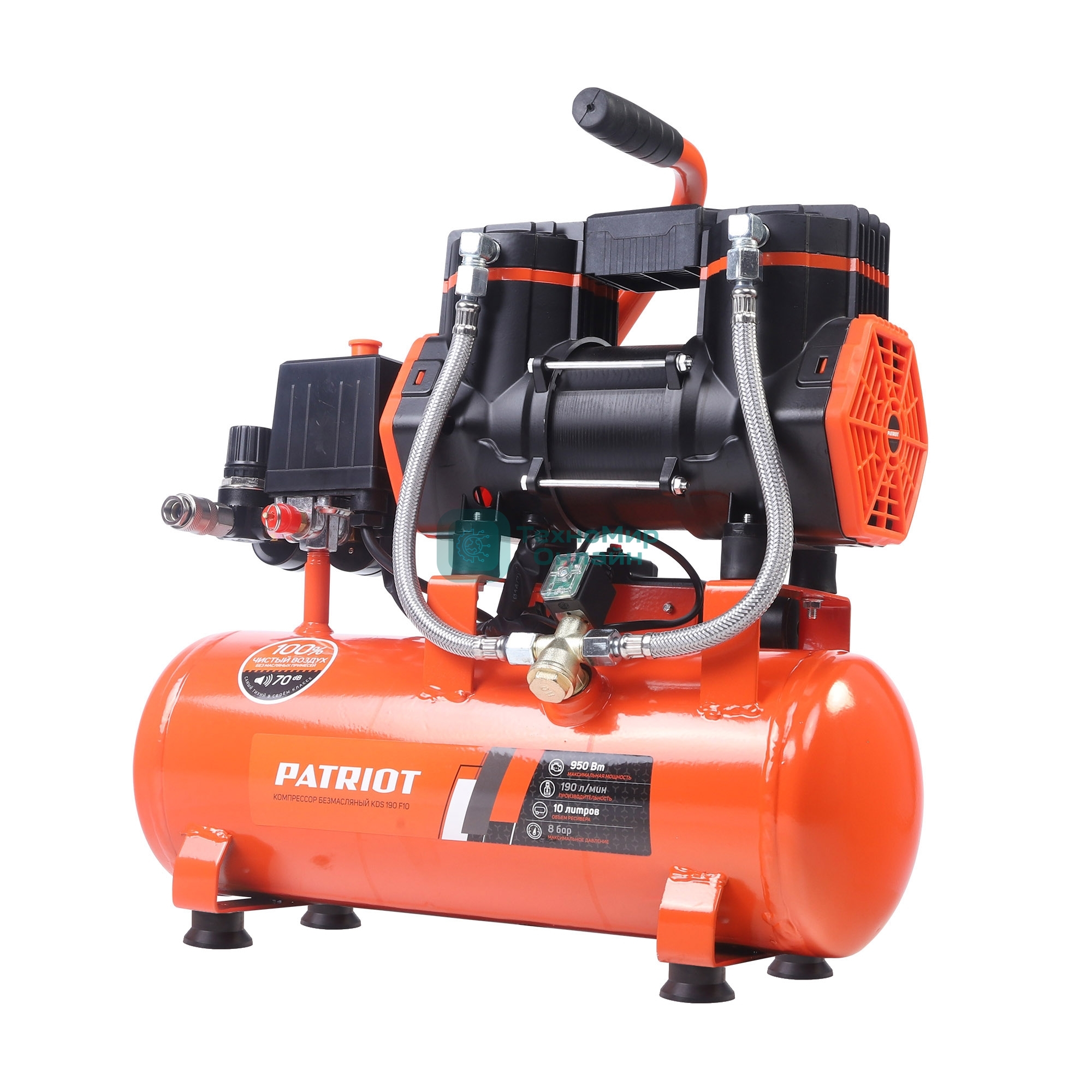 Компрессор поршневой безмасляный Patriot KDS 190 F10 (190 л/мин, 0,95 кВт, 8 бар, 10 л, 2800 об/мин, быстросъем 1/4)