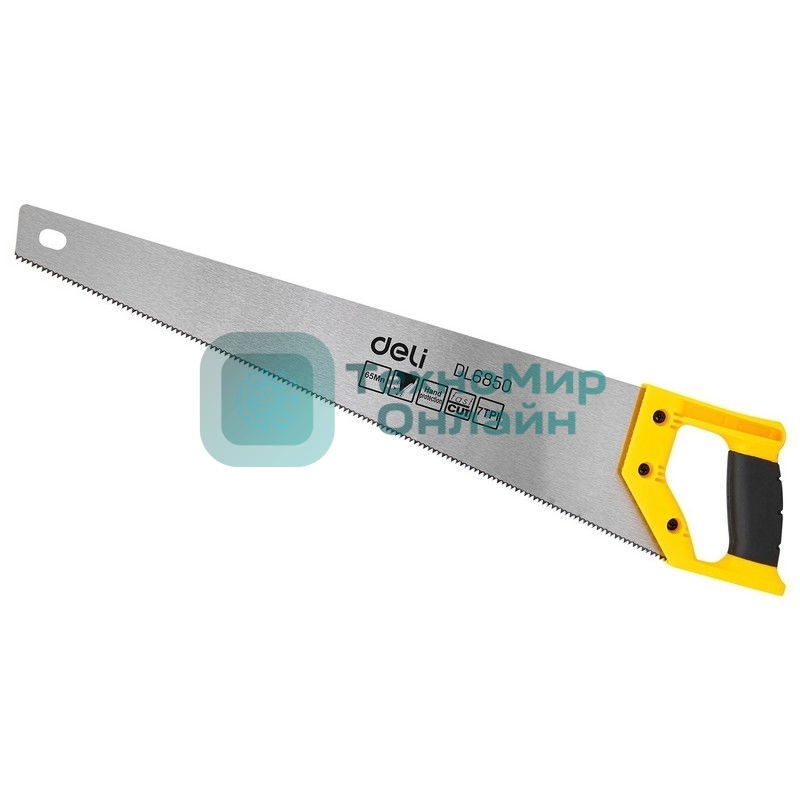 Ножовка по дереву Deli DL6850 500мм Материал: 65Mn. Термообработанная поверхность. Зубья пилы: 7 TPI. Шлифовка зубов с 2-х сторон. Литая ручка из двухкомпонентного противоударного пластика.