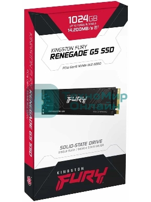 Накопитель SSD Kingston Fury Renegade, 1Tb, M.2(22x80мм), NVMe, PCIe 5.0 x4, 3D TLC, R/W 14200/11000Mb/s, IOPs 2 200 000/2 150 000, TbW 1000, DWPD 0.5 (12 мес)