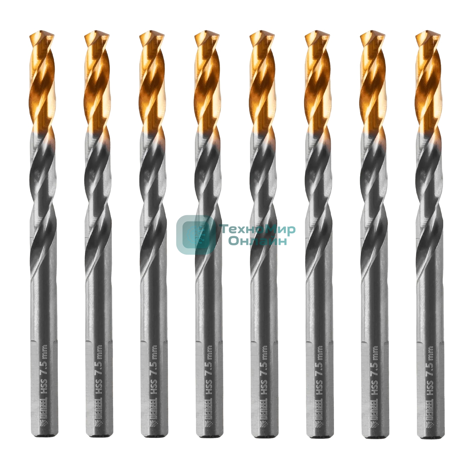 Сверло по металлу Denzel 7,5 мм, HSS-Tin, Golden Tip, 8 шт.