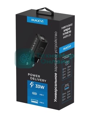 Сетевое зарядное устройство Maxvi A402PD LED 33W, 1xUSB-A, 1xUSB-C, черный