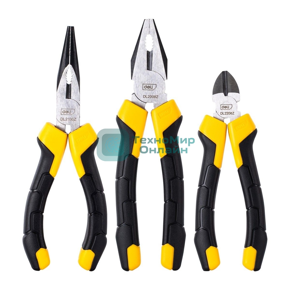 Набор плоскогубцев Deli DL2008Z-3 8-дюймовые комбинированные плоскогубцы, 6-дюймовые длинногубцы, 6-дюймовые диагональные плоскогубцы. Высокоуглеродистая сталь. Двухкомпонентная ручка