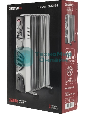 Обогреватель масляный Centek CT-6203-9 (9 секций) белый, 2400 Вт, 20 м2, 3 режима, термостат
