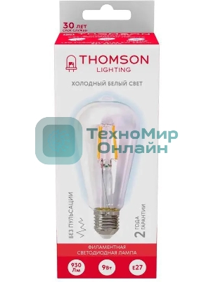 Лампа светодиодная филаментная Thomson TH-B2342 E27, эдисон, 9Вт, 6500К, белый холодный, 1 шт.