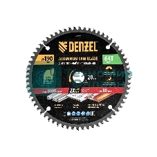 Пильный диск по алюминию Denzel ф190 х 20 мм, 64 зубьев
