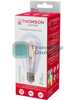 Лампа светодиодная филаментная Thomson TH-B2342 E27, эдисон, 9Вт, 6500К, белый холодный, 1 шт.