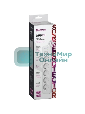 Удлинитель с сетевым фильтром Defender DFS 131, белый, 5 розеток, 1.5 м.