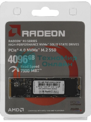 Накопитель SSD AMD Radeon, 4Tb, PCIe 4.0 x4, M.2 2280, NVMe, R/W 7300/6500