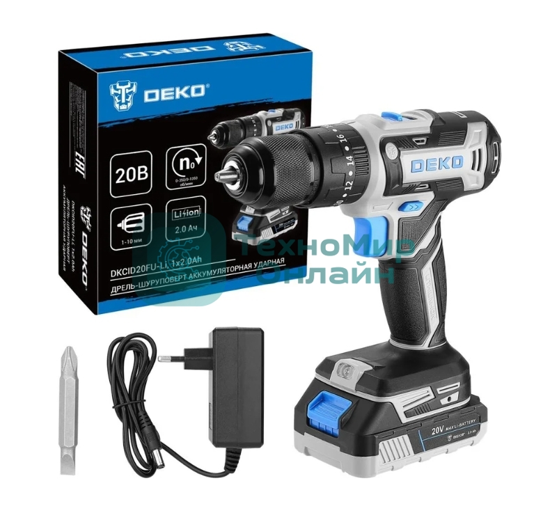 Дрель-шуруповерт Deko DKCID20FU-Li, 20 В, 2 Ач, 40 Нм, щеточный, ударный