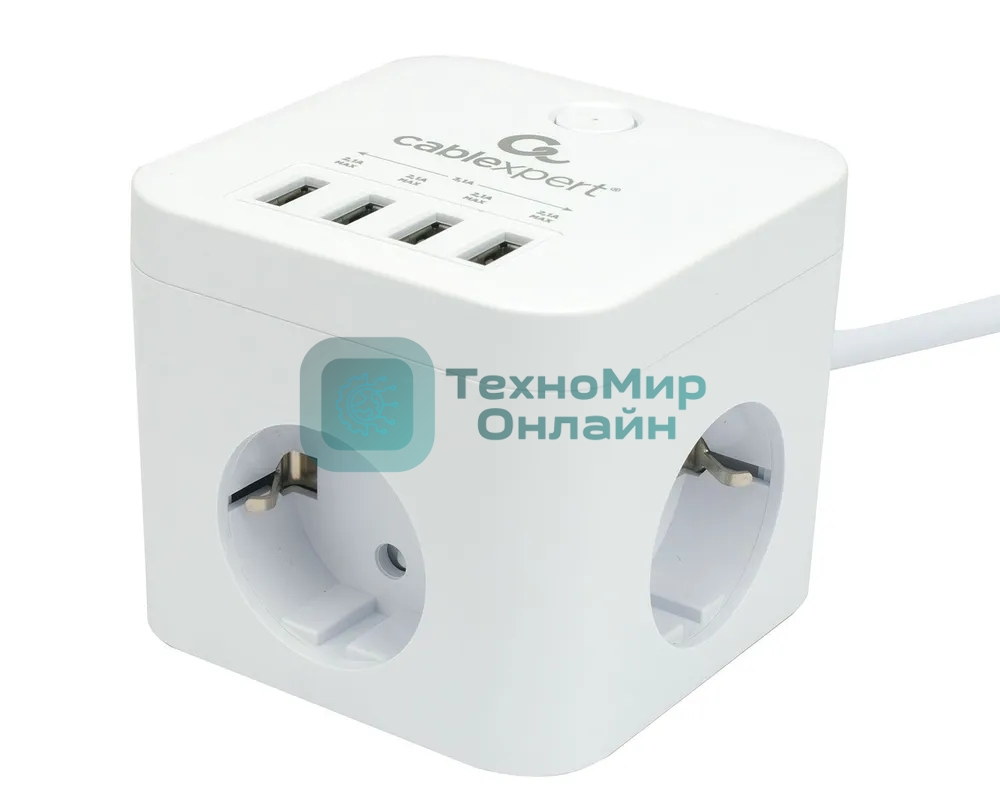 Сетевой фильтр Cablexpert Cube CUBE-3-U4-W-1.5, 3 р, 10А, 4хUSB, 1.5 м, ур.защиты 4+, белый, коробка