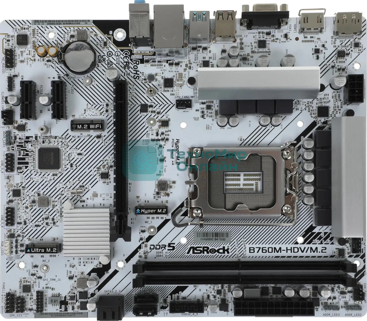 Материнская плата ASRock B760M-HDV/M.2, LGA 1700, Intel B760, 2xDDR5, 4xSATA, 2xM.2, 1xPCI-E 4.0 x16, 2xPCI-E x1, 1xDP, 1xHDMI, 1xVGA, 1x 2.5Gb LAN, 2xUSB-A 3.2 Gen 1, 3xUSB 2.0, 3x3.5 мм, 7.1, Micro-ATX