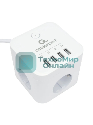 Сетевой фильтр Cablexpert Cube CUBE-3-U4-W-1.5, 3 р, 10А, 4хUSB, 1.5 м, ур.защиты 4+, белый, коробка