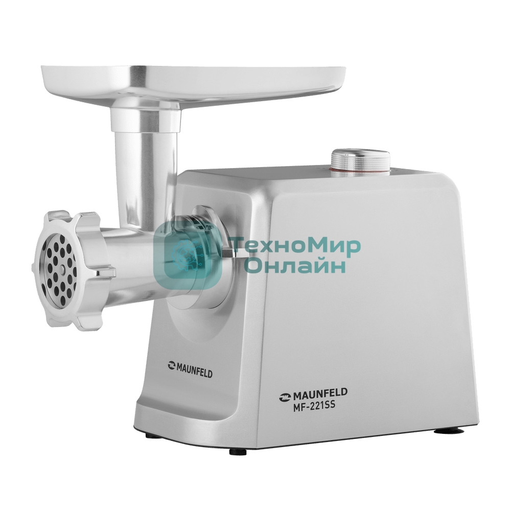 Мясорубка электрическая Maunfeld MF-221SS серый, 1800 Вт, 2.0 кг/мин, реверс, защита от перегрузки, насадки - 4