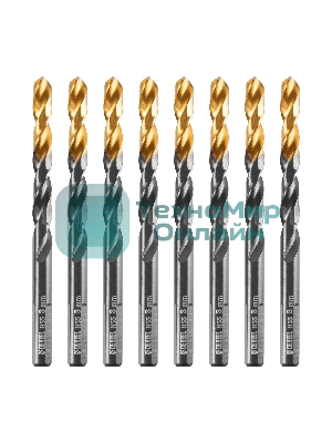 Сверло по металлу Denzel 8 мм, HSS-Tin, Golden Tip, 8 шт.