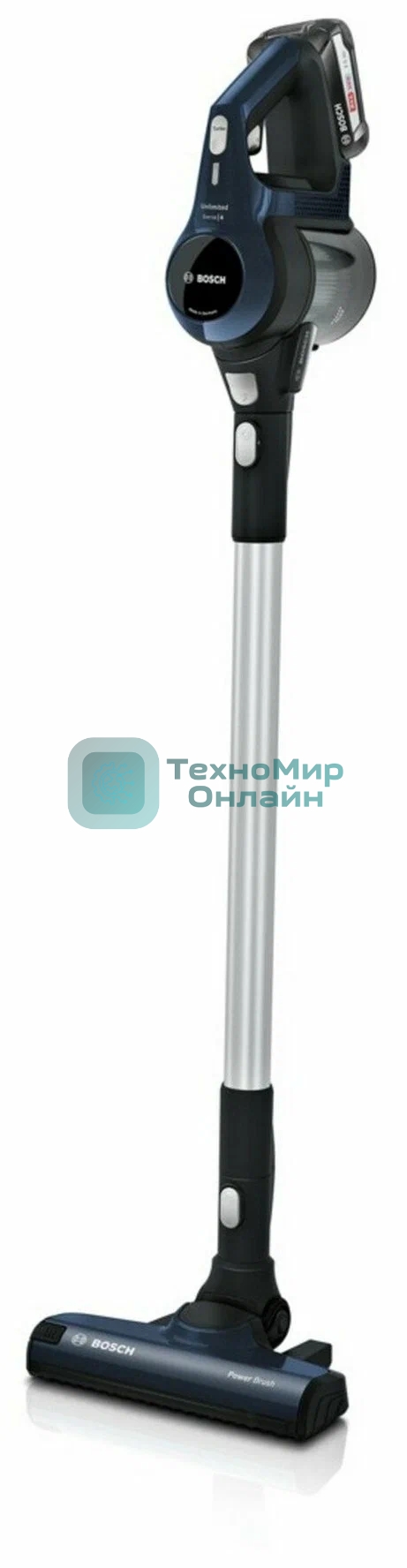 Пылесос вертикальный Bosch Unlimited BCS611P4A POWER FOR ALL 18V синий/черный, питание от аккумулятора, 18 Вт, уборка сухая, пылесборник 0.3 л