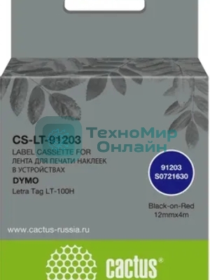 Картридж ленточный Cactus CS-LT-91203 черный шрифт, красный фон (12 мм, 4 м) для Dymo Letra Tag LT-100H