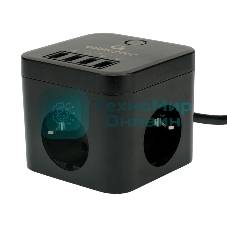 Сетевой фильтр Cablexpert Cube CUBE-3-U4-B-1.5, 3 р, 10А, 4хUSB, 1.5 м, ур.защиты 4+, черный, коробка