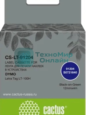 Картридж ленточный Cactus CS-LT-91204 черный шрифт, зеленый фон (12 мм, 4 м) для Dymo Letra Tag LT-100H