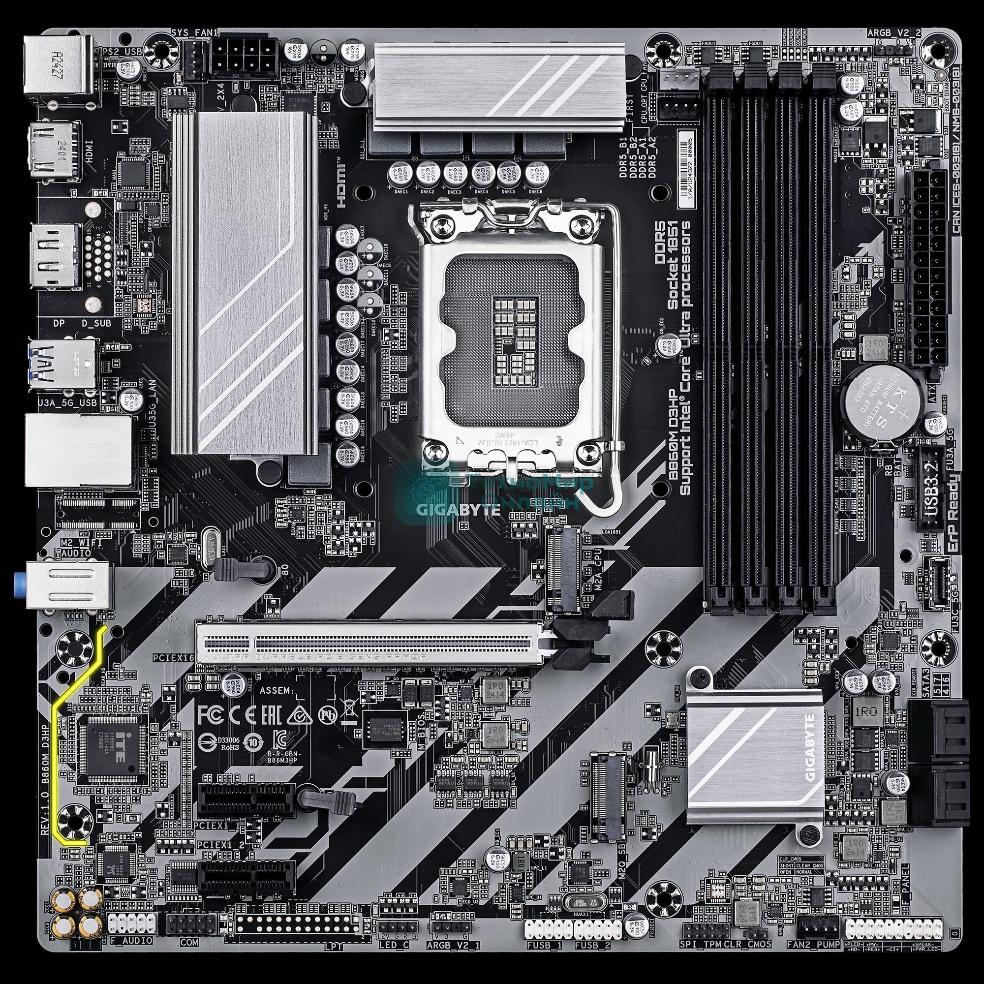 Материнская плата Gigabyte B860M D3HP, LGA 1851, Intel B860, 4xDDR5, 4xSATA, 2xM.2, 1xPCIe 5.0 x16, 2xPCIe x1, 1xHDMI, 1xDP, 1x 1Gb LAN, 3xUSB-A 3.2 Gen 1, 3xUSB-A 2.0, 1xUSB-C 3.2 Gen 1, 3x3.5 мм, 7.1, mATX