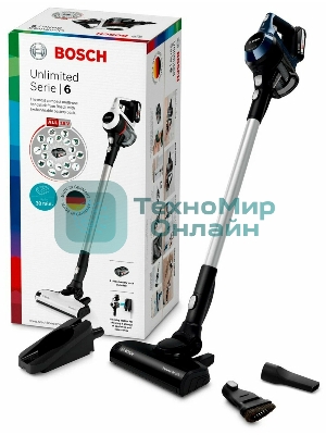 Пылесос вертикальный Bosch Unlimited BCS611P4A POWER FOR ALL 18V синий/черный, питание от аккумулятора, 18 Вт, уборка сухая, пылесборник 0.3 л