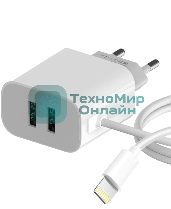 Сетевое зарядное устройство Maxvi CHL-242L 2хUSB 2.4A + литой кабель Lightning 1.2м, белый