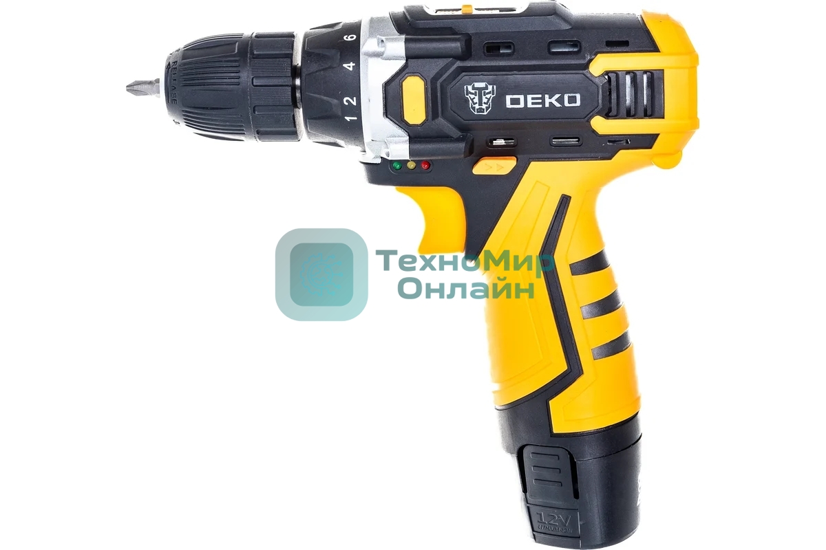 Дрель-шуруповерт Deko DKCD12FU-Li, 12 В, 2 Ач, 28 Нм, щеточный