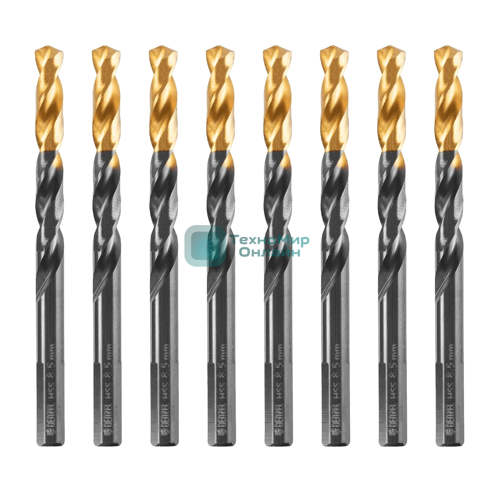 Сверло по металлу Denzel 8,5 мм, HSS-Tin, Golden Tip, 8 шт.