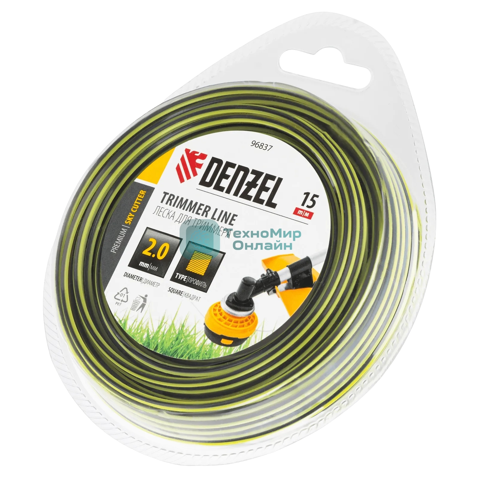 Леска для триммера Denzel двухкомпонентная квадратная, 2,0 мм х 15 м, блистер SkyCutter