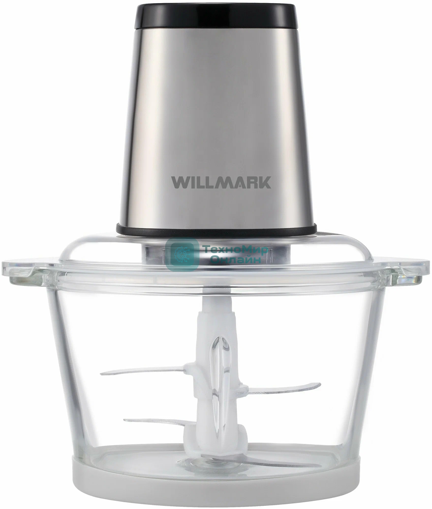 Измельчитель Willmark WMC-7288SS (550Вт., стекл. чаша 2л., рез. основ, корпус нержав. сталь, чёрный)