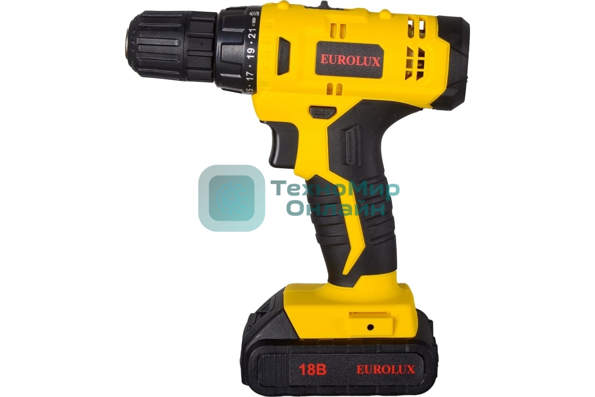 Дрель-шуруповерт Eurolux ДА-18/2Li, 18 В, 1.5 Ач, 35 Нм, щеточный