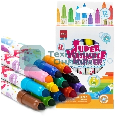 Фломастеры Deli EC155-12, пулевидный пишущий наконечник, 12 цветов, коробка с европодвесом