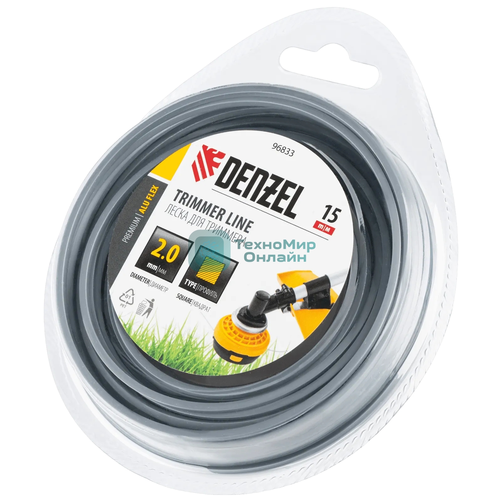 Леска для триммера Denzel армированная алюминием квадратная, 2,0мм х 15м, блистер ALUFLEX