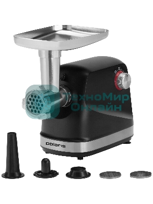 Мясорубка электрическая Polaris PMG 2582 черный, 2500 Вт, 2.7 кг/мин, реверс, защита от перегрузки, металлический лоток, насадки - 5