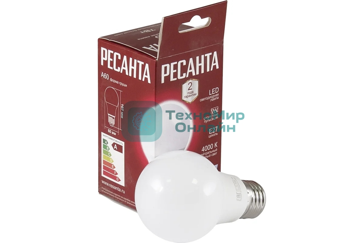 Лампа светодиодная Ресанта LL-R-A60-7W-230-4K-E27 груша, 7 Вт, нейтральный, Е27
