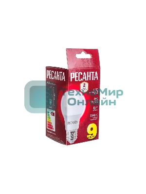 Лампа светодиодная Ресанта LL-R-A60-9W-230-3K-E27 груша, 9 Вт, тепл., Е27