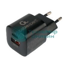 Сетевое зарядное устройство Cablexpert 20Вт, 3А, QC3.0/PD, 1xUSB, 1xType-C, черный, пакет