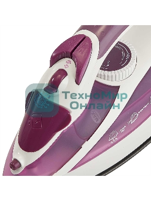 Утюг ВАСИЛИСА У3-2000 белый с сиреневым (2000 Вт. Тефлоновое покрытие подошвы. Индикатор нагрева утюга. Терморегулятор. 3 режима: сухое глажение, отпаривание, разбрызгивание воды. Возмож-ть регулировки степени отпаривания/вертикального отпаривания. Паровой удар, самоочистка.)